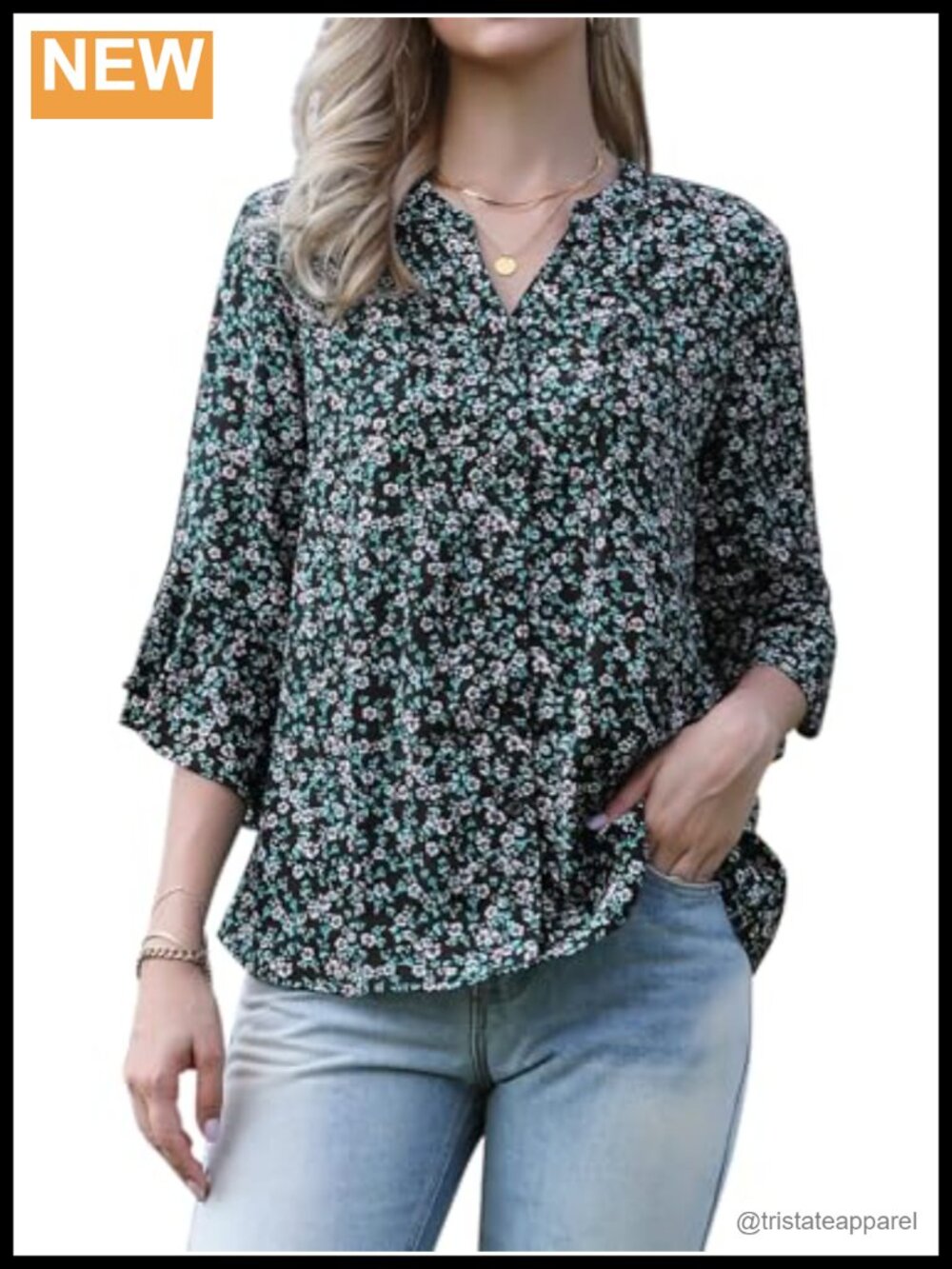 Women's Floral V-Neck 3/4 Sleeve Blouse, 100% Polyester Casual Top